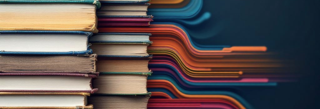 An unpleasing AI slop showing a stack of books transitioning into what is supposed to graphically represent something like digital data flow but does an unfortunate job and looks like a public transport network plan instead